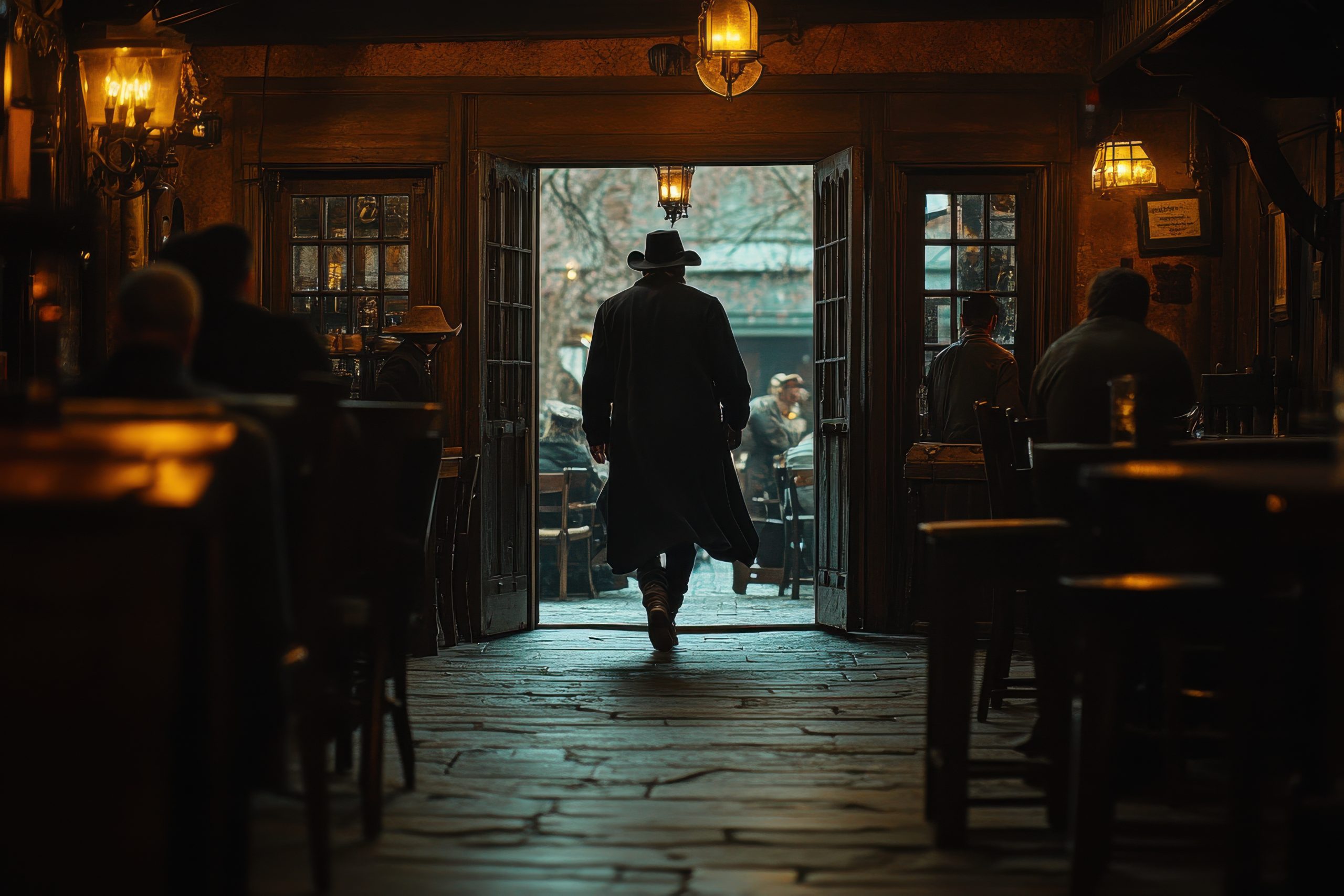 A lone cowboy in a long coat and wide-brimmed hat steps through the double doors of a dimly lit saloon, capturing the essence of a classic Western scene. The warm interior lighting and rustic decor create a mysterious and cinematic atmosphere, ideal for themes of adventure, nostalgia, or storytelling.
