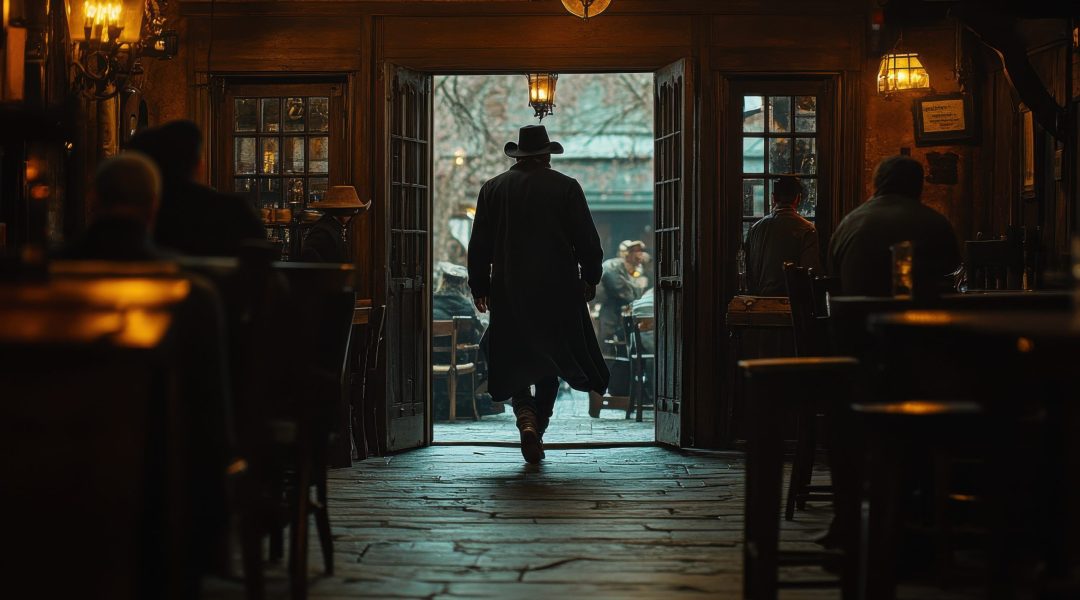 A lone cowboy in a long coat and wide-brimmed hat steps through the double doors of a dimly lit saloon, capturing the essence of a classic Western scene. The warm interior lighting and rustic decor create a mysterious and cinematic atmosphere, ideal for themes of adventure, nostalgia, or storytelling.