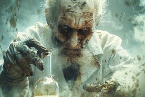 A creepy, old scientist with a long white beard and a lab coat covered in grime holds a glass bottle. AI generative.