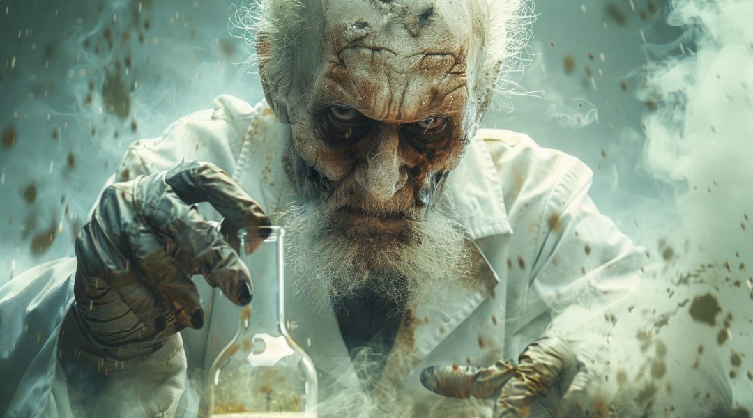 A creepy, old scientist with a long white beard and a lab coat covered in grime holds a glass bottle. AI generative.