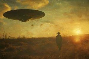 A lone cowboy walks across an arid landscape while a hovering UFO looms overhead against a vibrant sunset, casting shadows in the dusty terrain and evoking intrigue.