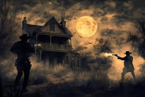 Ghostly gunslinger duel at high noon in a haunted ghost town, halloween wild west, spectral showdown. Ghost Towns & Abandoned Places. Illustration