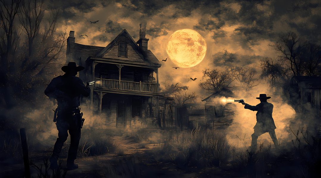 Ghostly gunslinger duel at high noon in a haunted ghost town, halloween wild west, spectral showdown. Ghost Towns & Abandoned Places. Illustration Ghostly gunslinger duel at high noon in a haunted ghost town, halloween wild west, spectral showdown. Ghost Towns & Abandoned Places. Illustration