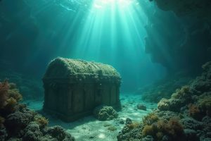 Sunlight streams underwater scene, illuminating sunken treasure chest. Antique wooden chest rests sandy ocean floor. Coral reef. Marine life background, adventure deep sea exploration.